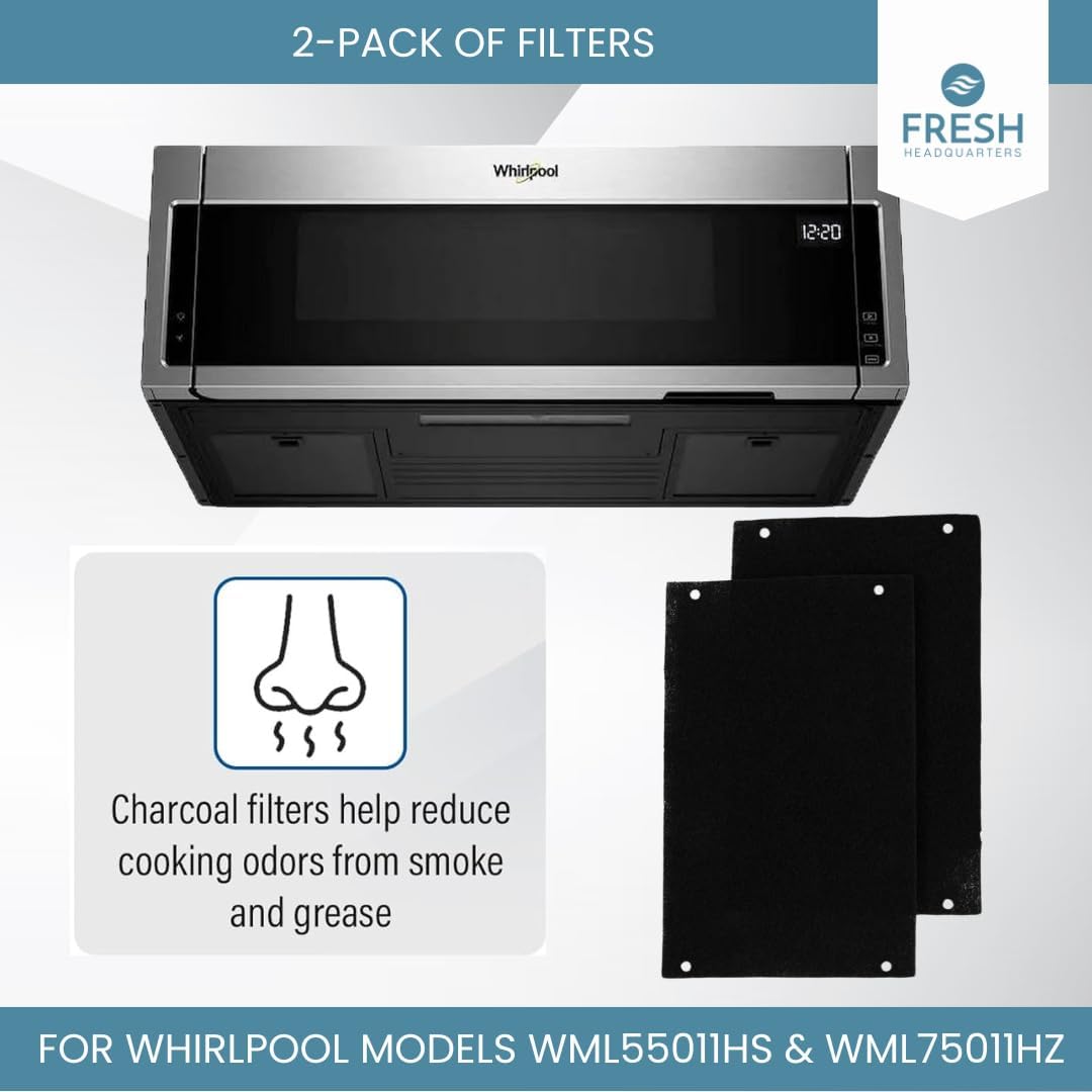 2PK Replacement Activated Carbon Air Filters for Whirlpool Low Profile Microwave Oven – Over the Range Hood Models WML55011HS and WML75011HZ (10.25"x7.125")